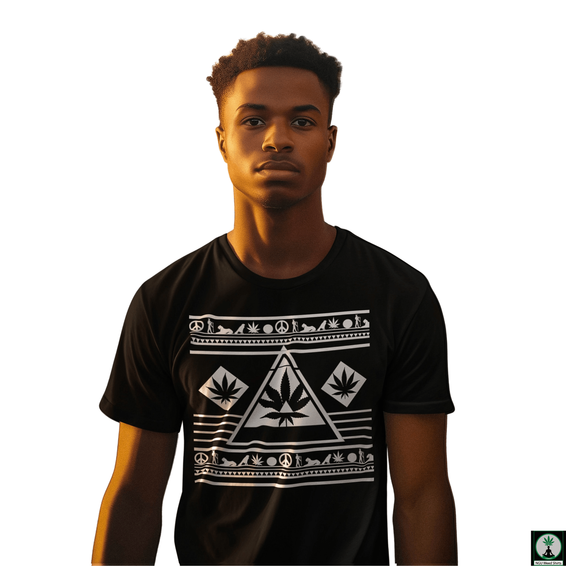 A male model, showing off the urban, cool aesthetic of this black 420 t-shirt.