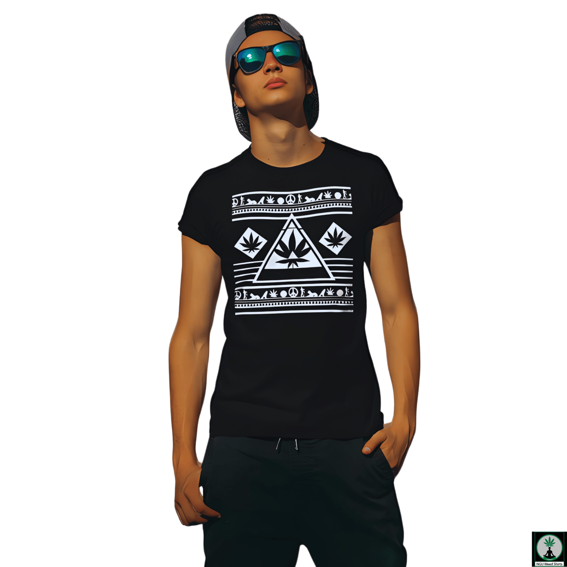 A full-body shot of a man wearing the black and white stoner t-shirt as part of a complete stoner outfit.