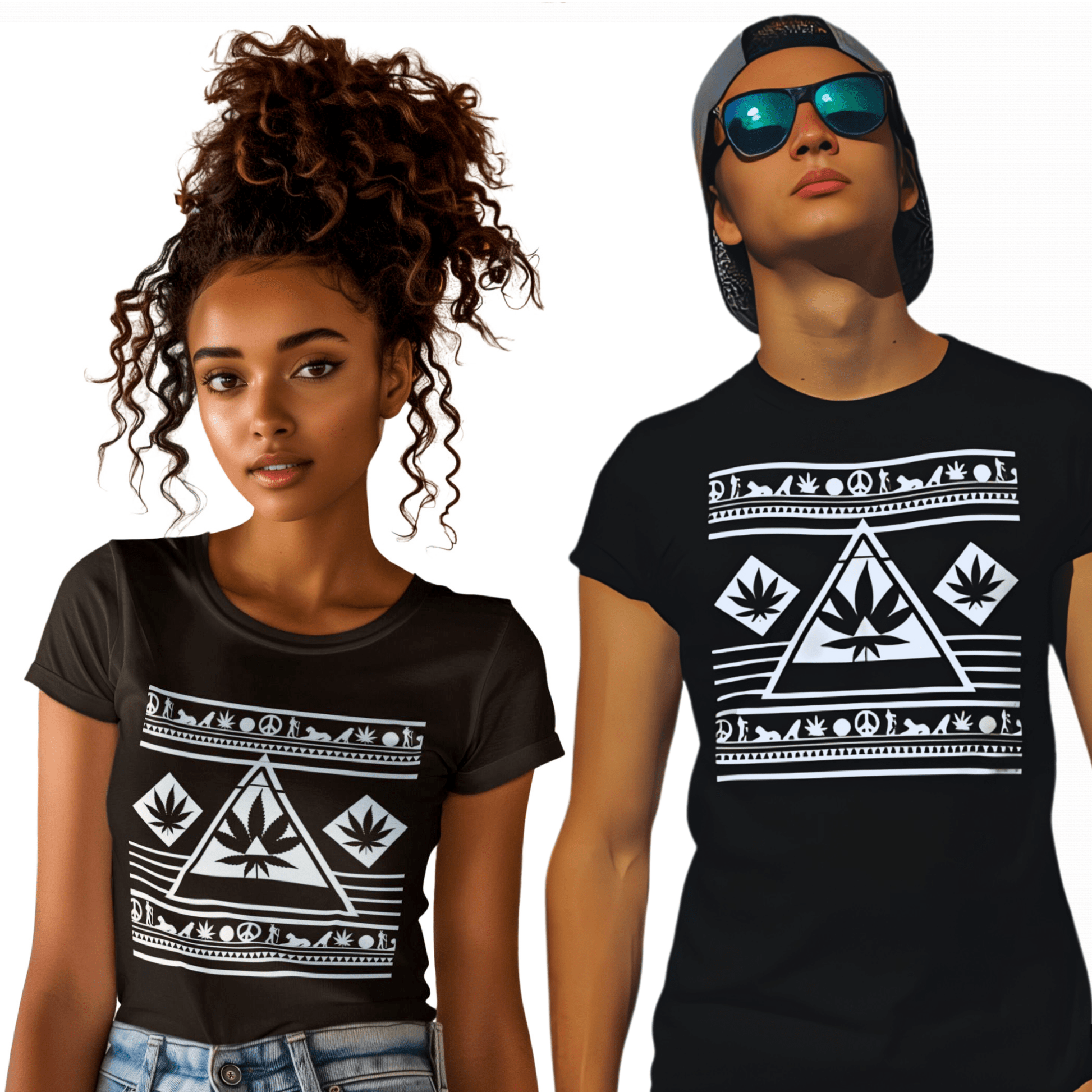 A man and a woman casually posing together, both wearing the black stoner t-shirt with a stylish white design, showcasing its versatile unisex fit.