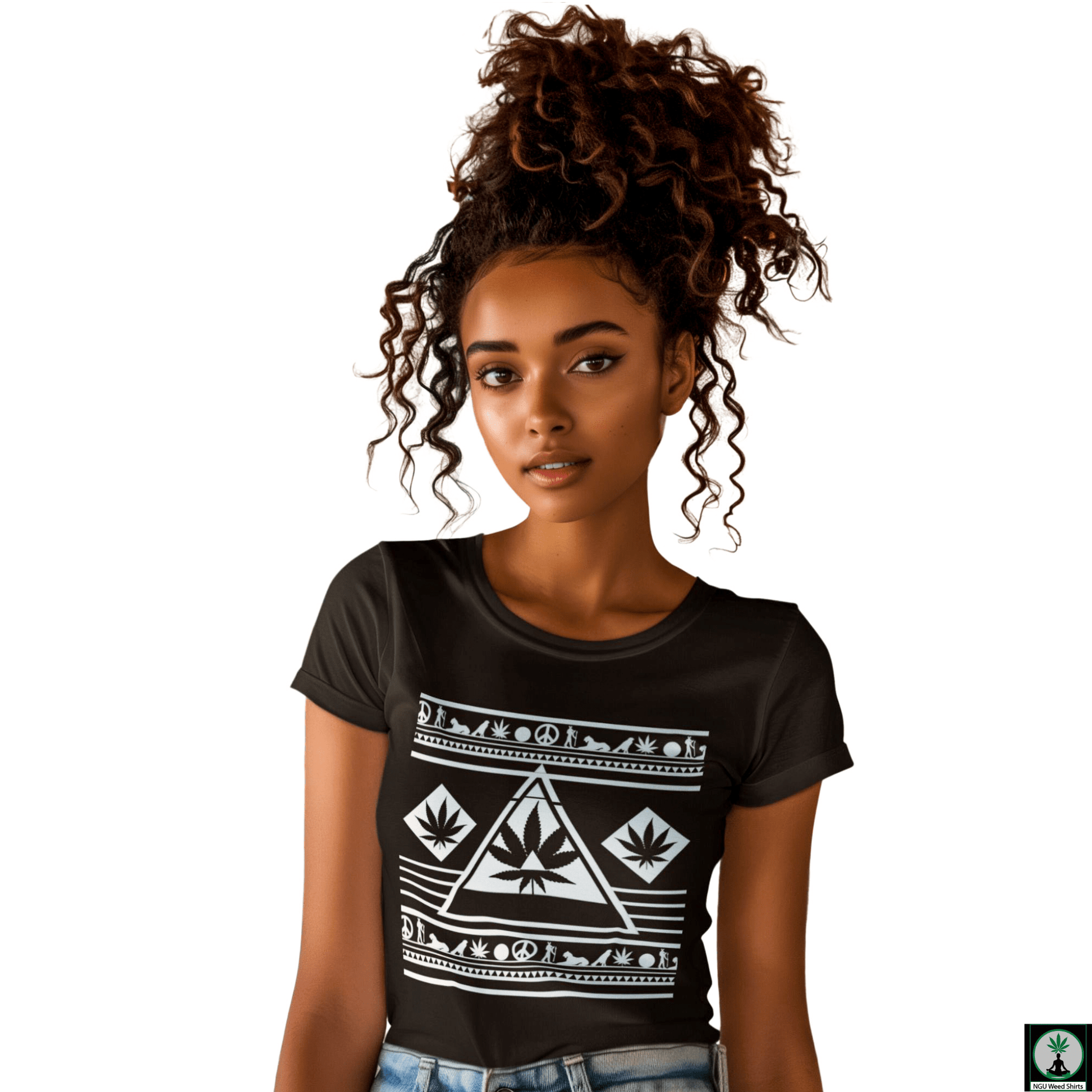 A candid shot of a woman wearing the black and white stoner tee, looking relaxed and cool.