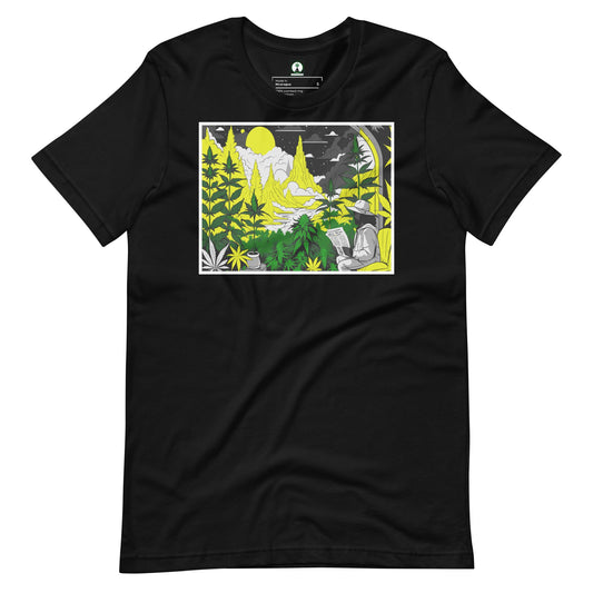 black and yellow graphic t-shirt