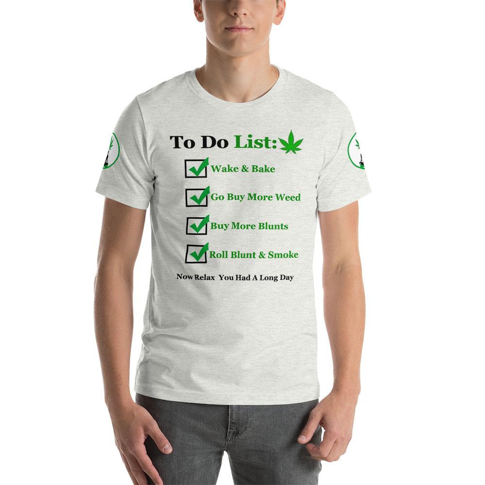 A front view of the to-do list shirt on a model, focusing on the clever and witty graphic design.