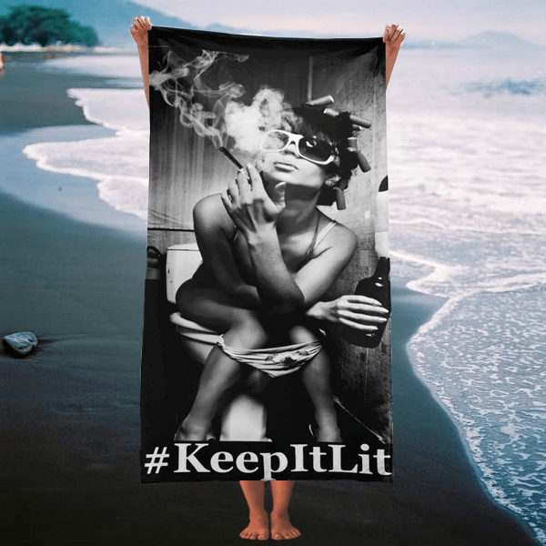 Black and White Beach Towels: Featuring a Sexy Girl Smoking a