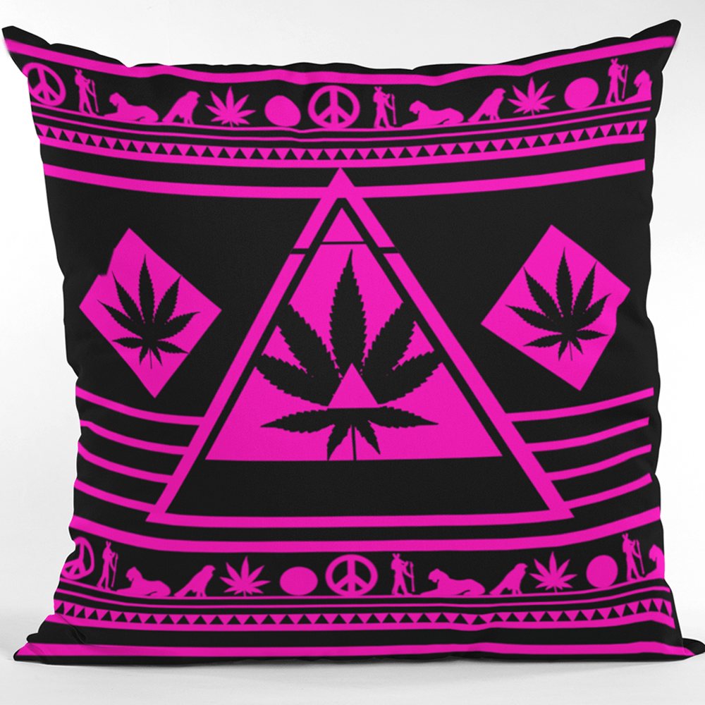 Dazzling black and hot pink pillow featuring a sparkly cannabis leaf design.