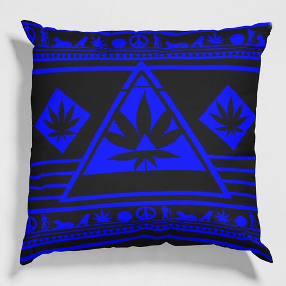 Dope black and blue throw pillow featuring a low-key weed design – the perfect touch for your laid-back space