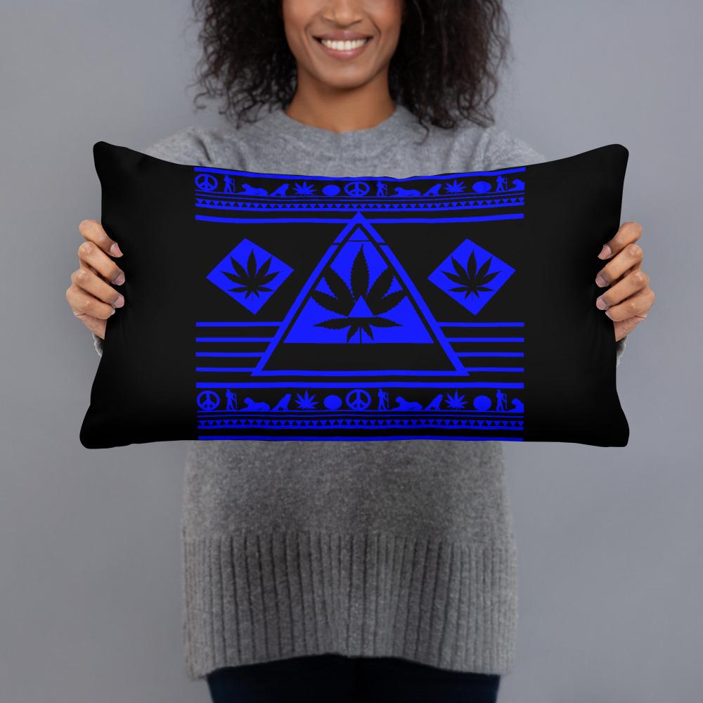 Sleek black and blue accent pillow with a hint of that good good – elevate your chill without being loud.