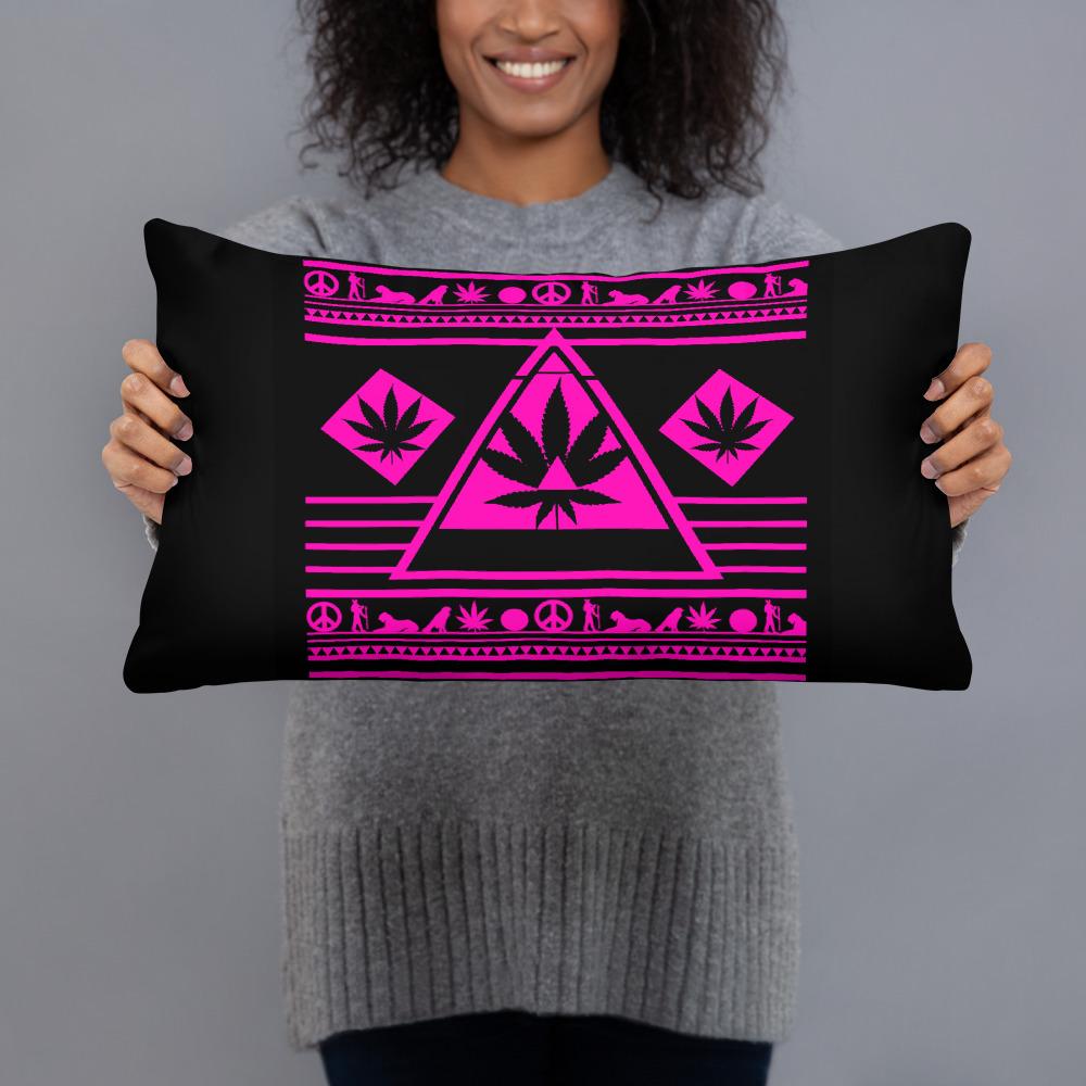 Fabulous hot pink and black cushion showcasing a bold marijuana leaf – a must-have for every glam queen's space.