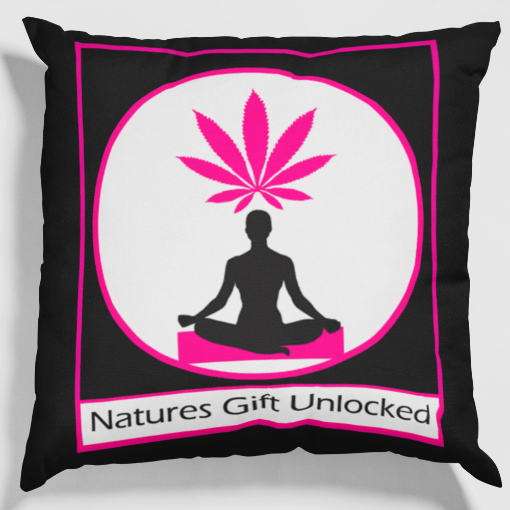 Unique black and pink stoner pillow with a meditating figure – a thoughtful gift for your zen bestie.