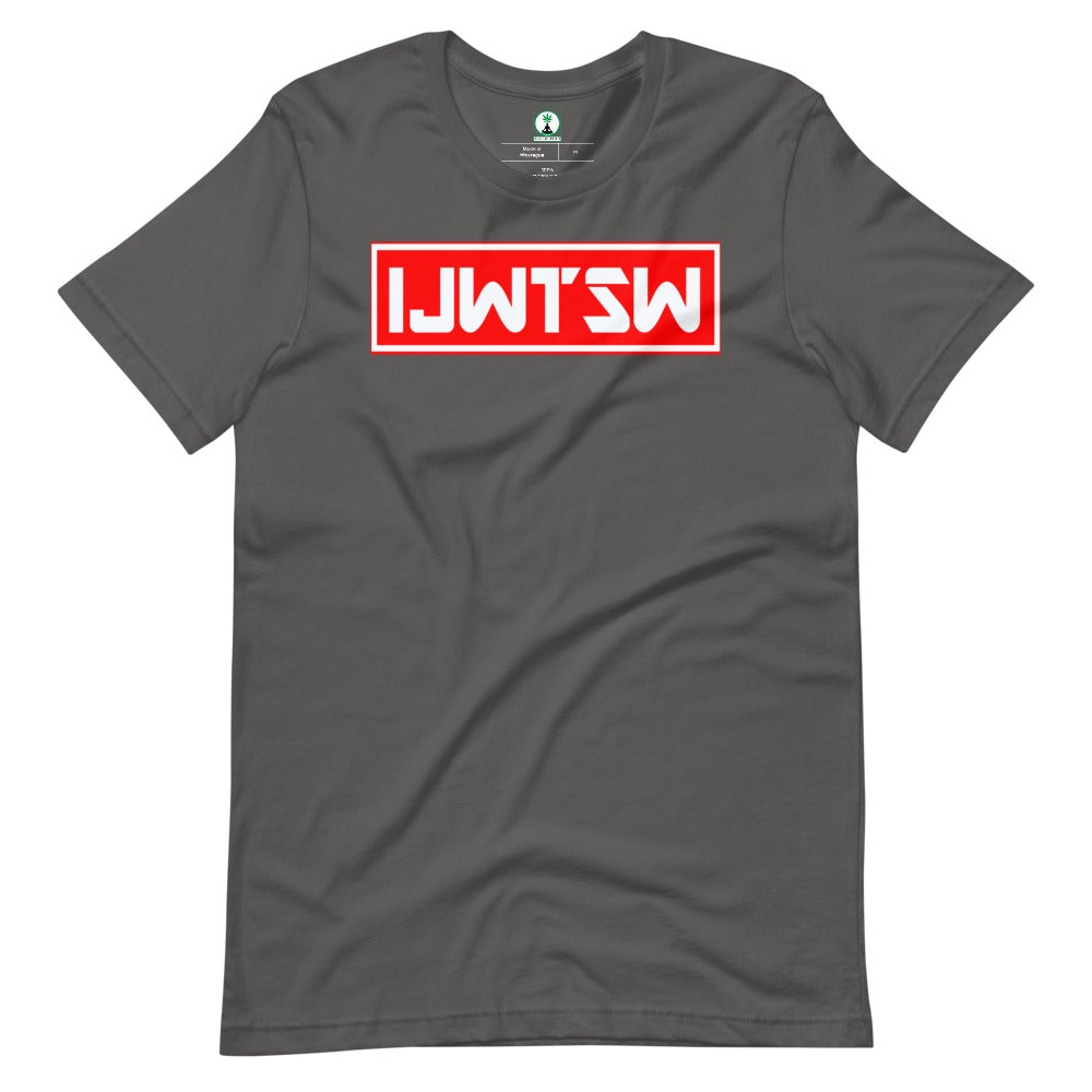 red gray and white graphic tee