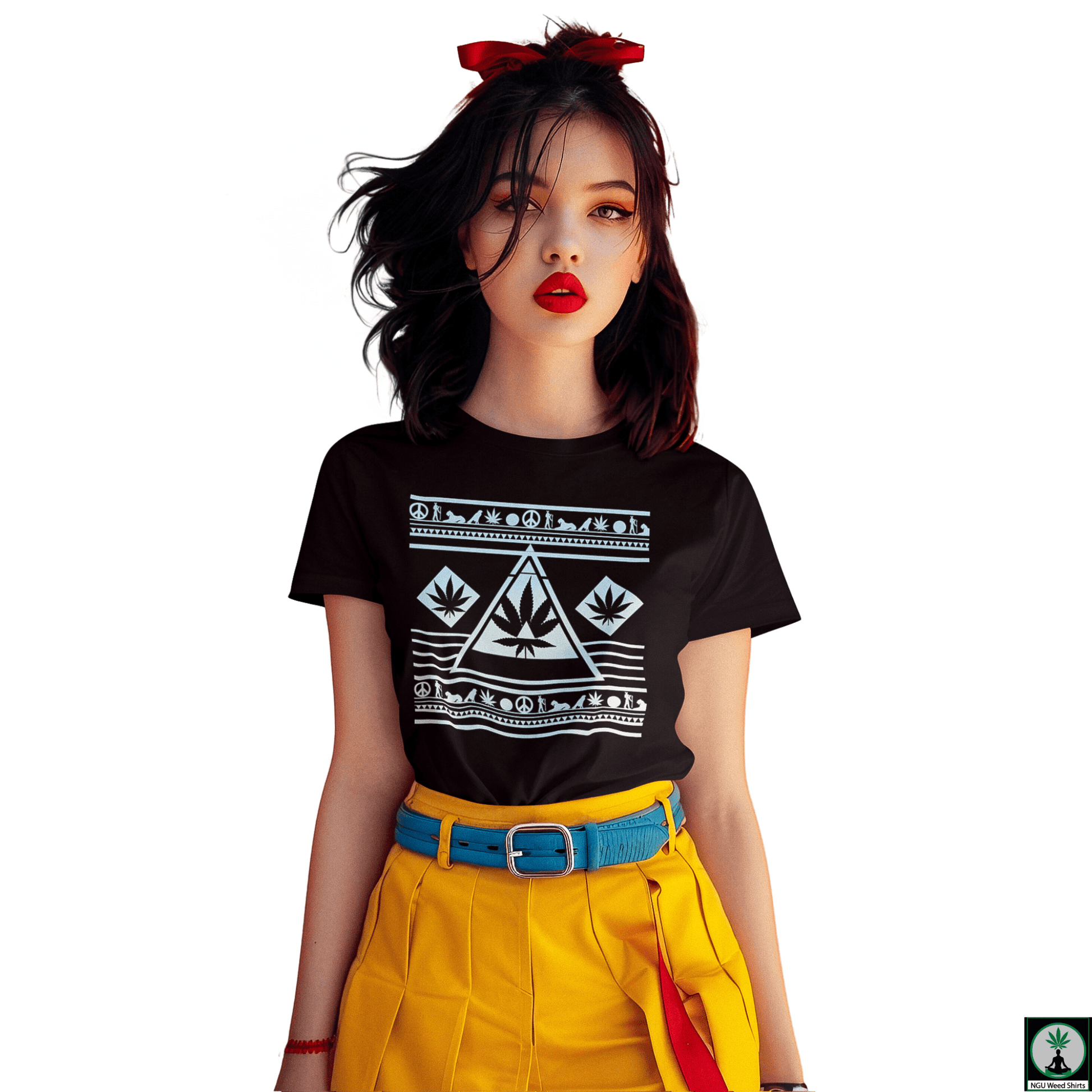  A woman wearing the black stoner t-shirt, styled with a vibrant yellow skirt to create a cool, casual outfit.