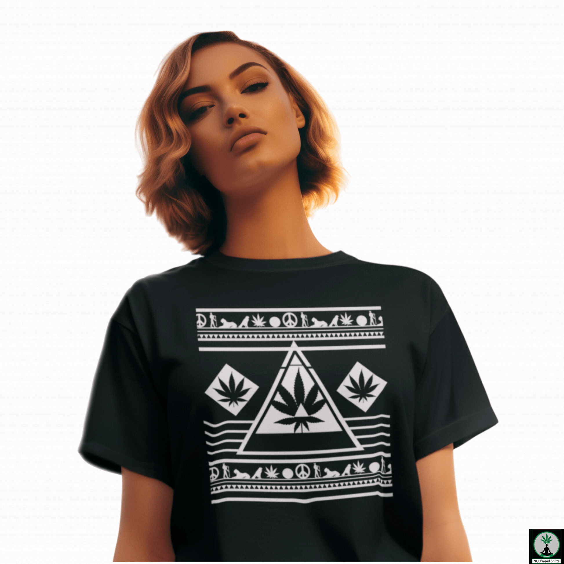 showing how the black and white stoner shirt fits her body perfectly.