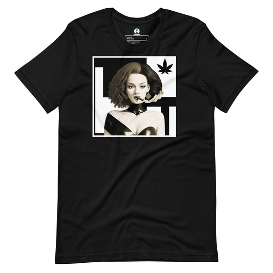  A flat lay shot of the black and white graphic tee, highlighting the full artistic design and showcasing its premium fabric.