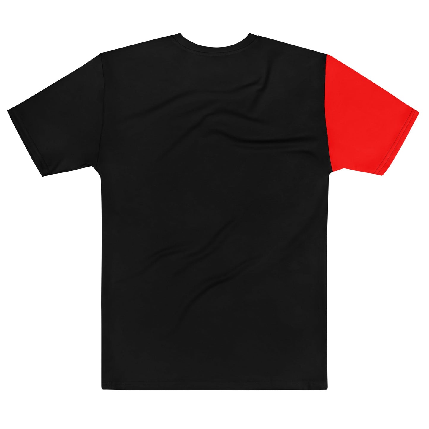 A clear shot of the back of the De Stijl style shirt, highlighting the clean black and white geometric patterns with a distinctive red sleeve.