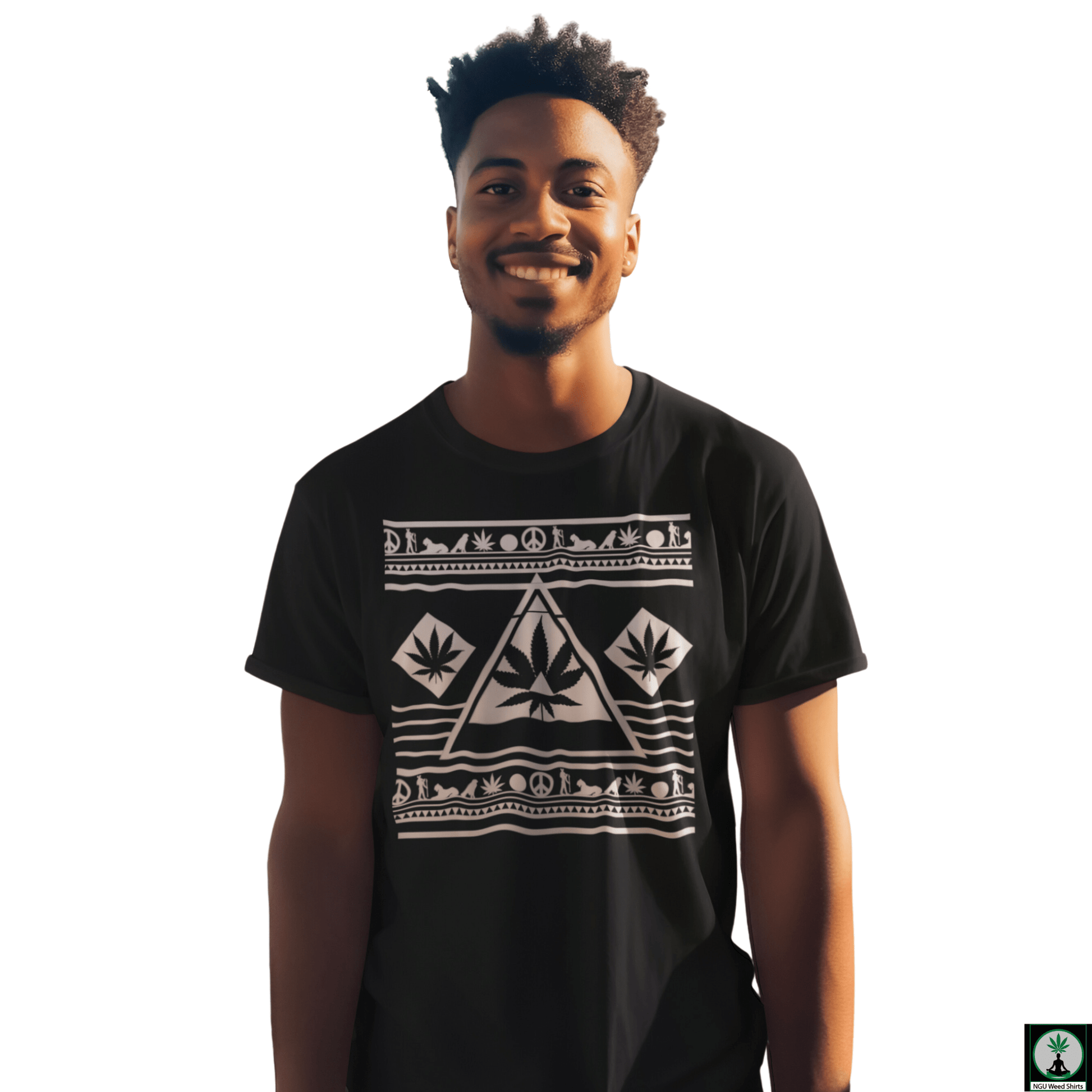 A detailed view of the unique graphic on the front of the black t-shirt.