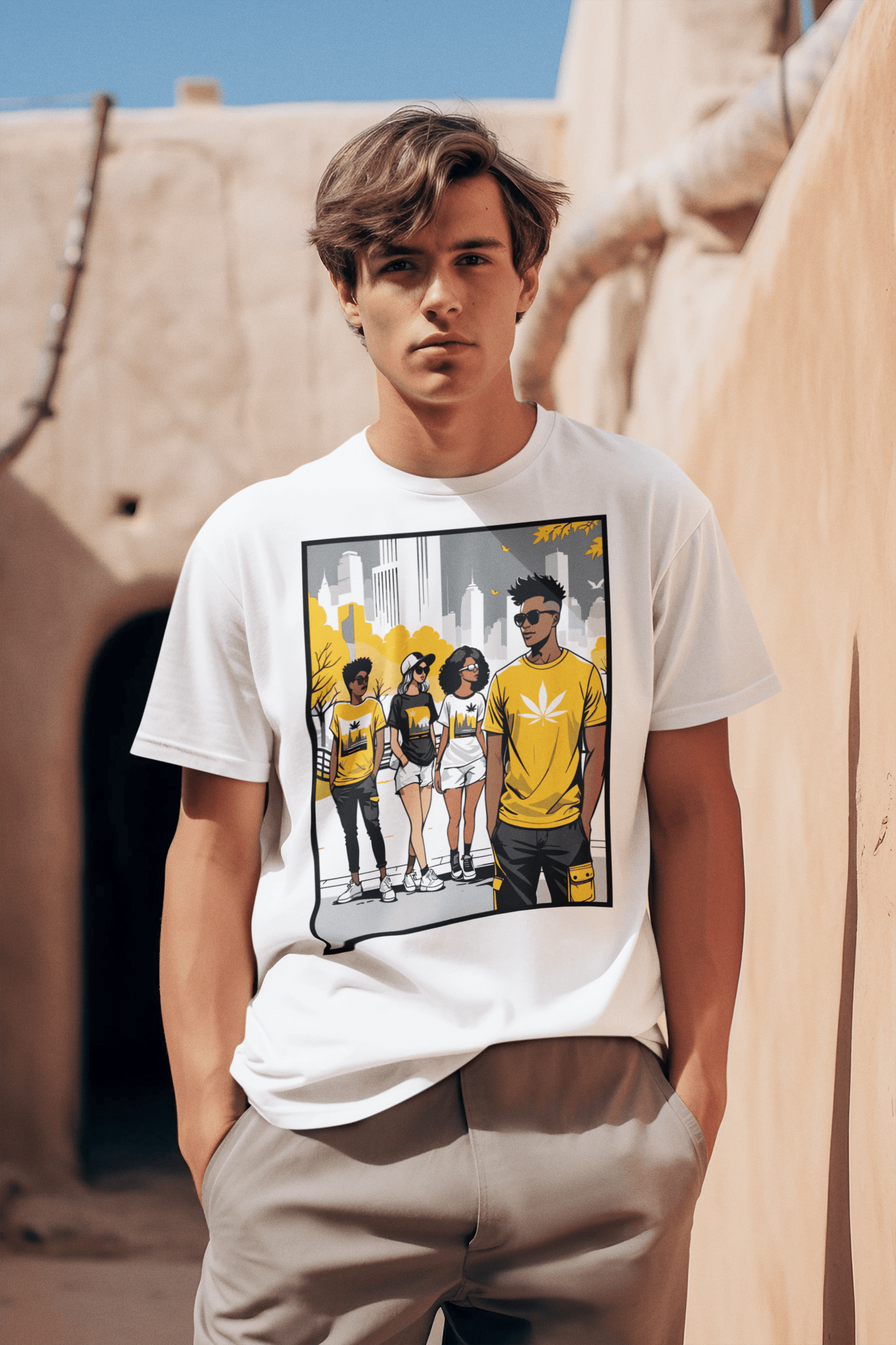 black and yellow graphic tee