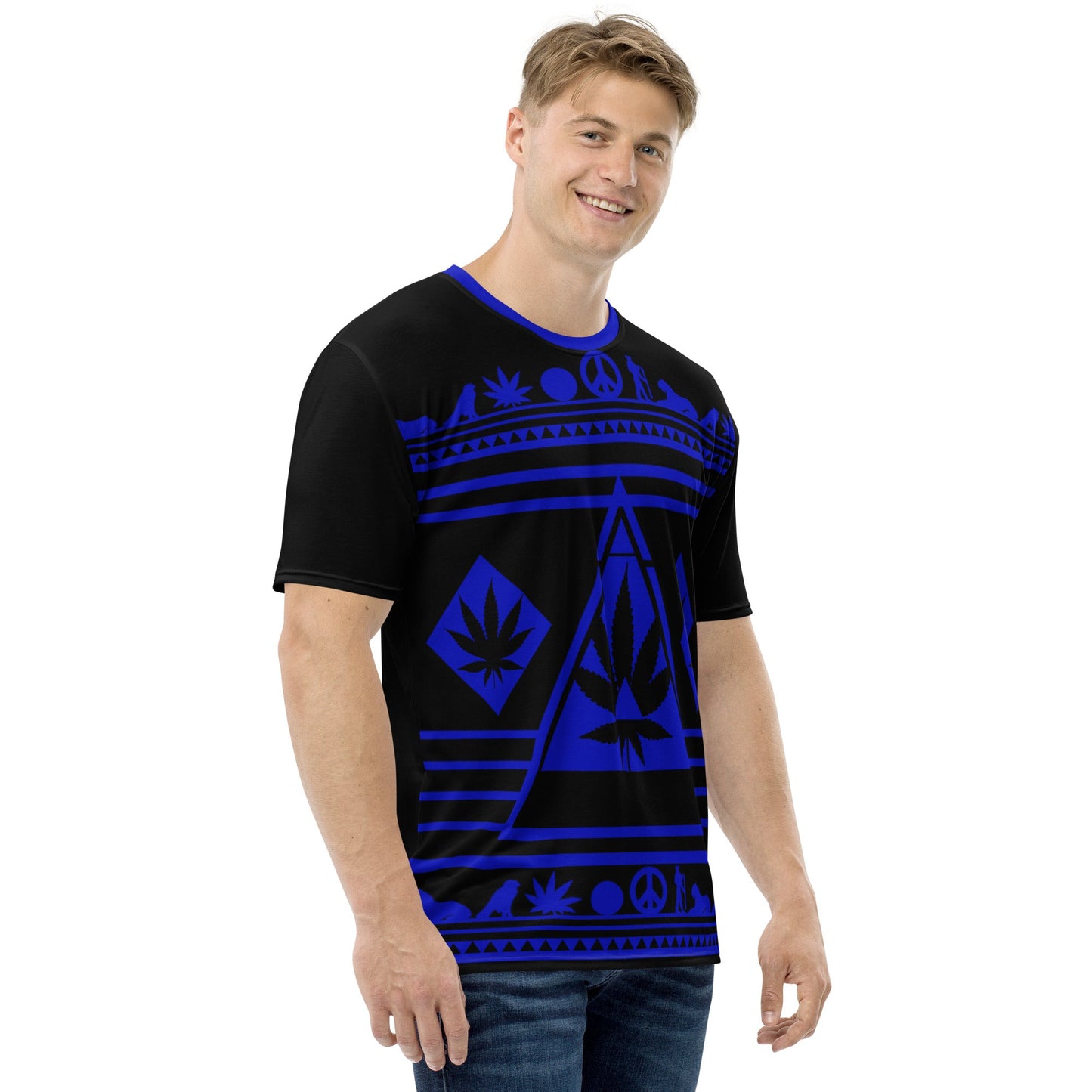 blue and black graphic tee shirt