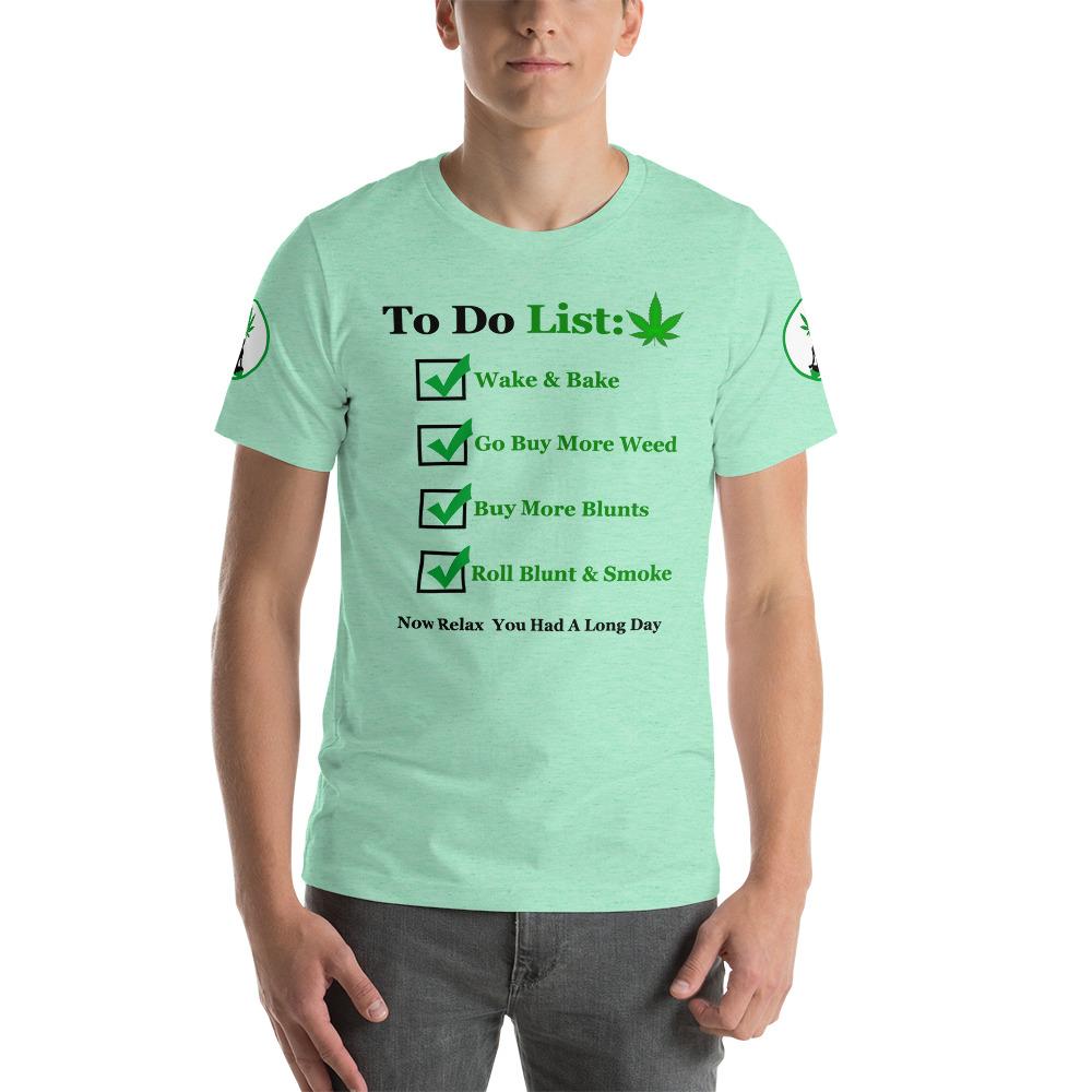 A man wearing the to-do list shirt as part of a complete stoner outfit, with accessories.