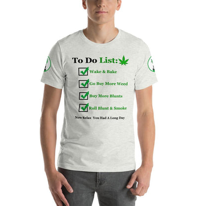 A front view of the to-do list shirt on a model, focusing on the clever and witty graphic design.