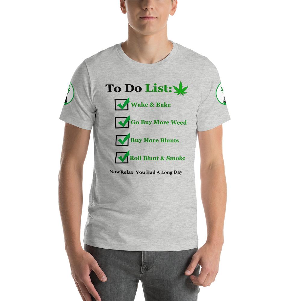  A man wearing the to-do list shirt, showcasing its comfortable fit and effortless style.
