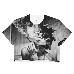 Marijuana Crop Top Featuring a Girl Getting High in Black & White - 420 Weed Shirts 