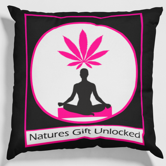 Unique black and pink stoner pillow with a meditating figure – a thoughtful gift for your zen bestie.