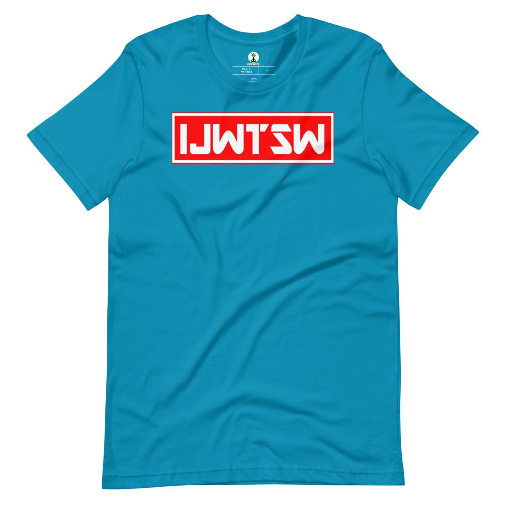 aqua blue graphic tee with white letters